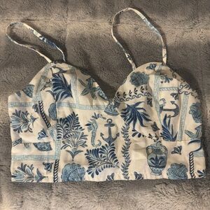 Blue coastal print flowy wide leg pant and crop top set co ord beachy pant set